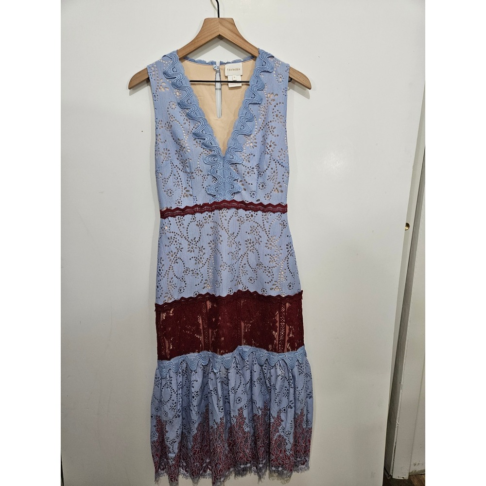 Foxiedox Fifi S Blue Burgundy Lace Midi Dress Eyelet Romantic Whimsygoth